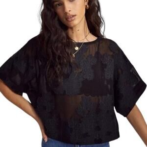 Aritzia Wilfred Blayze Black Cropped Floral Dolman Sleeve Jacquard Blouse Size L